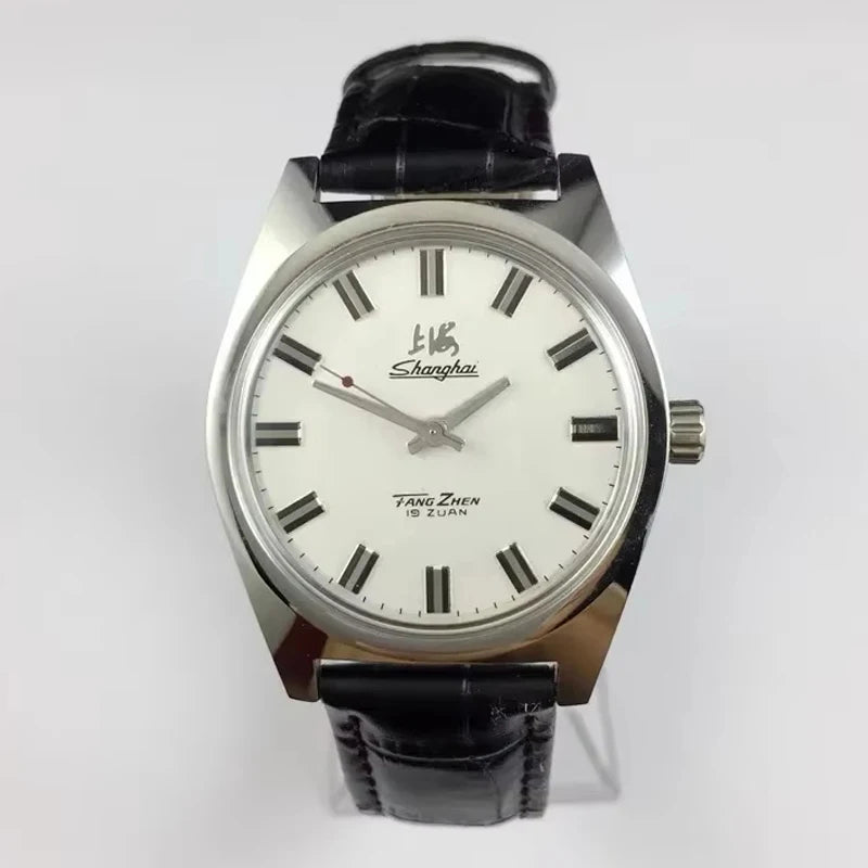 Shanghai Manual Mechanical Watch for Men Hand Wind Wristwatch Original Reloj Business Man Black Leather Old Orologio Male Clock
