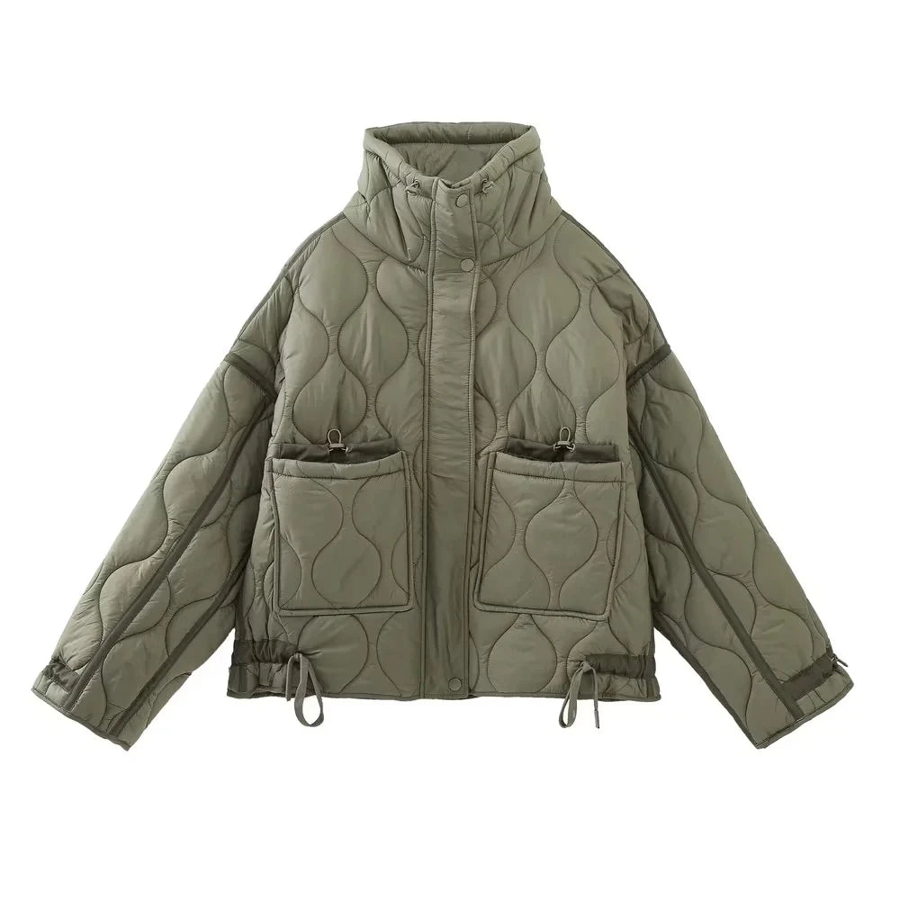 TRAFZA 2024 New Women Fashion Coat Long Sleeve Jackets With Drawstring Versatile Hight Street Outerwear Female Mujer Winter Coat