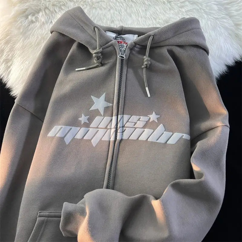 Star Print Hoodies Women's Y2K Street Hip-Hop Zipper Sweatshirt Couple Loose Cashmere Hoodie Cardigan Unisex Casual Coat Women's