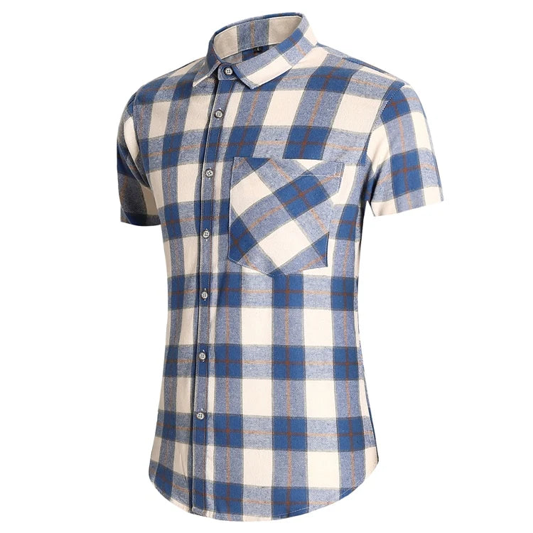 Striped Plaid Short Sleeved Shirt Men's Single-breasted Square Collar Cotton Shirts Summer Fashion Casual Camisa Men Chemise 7XL