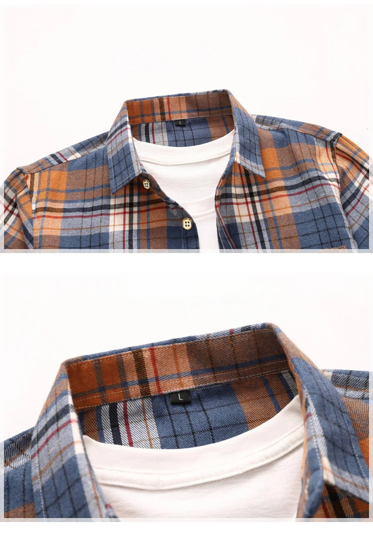 Striped Plaid Short Sleeved Shirt Men's Single-breasted Square Collar Cotton Shirts Summer Fashion Casual Camisa Men Chemise 7XL