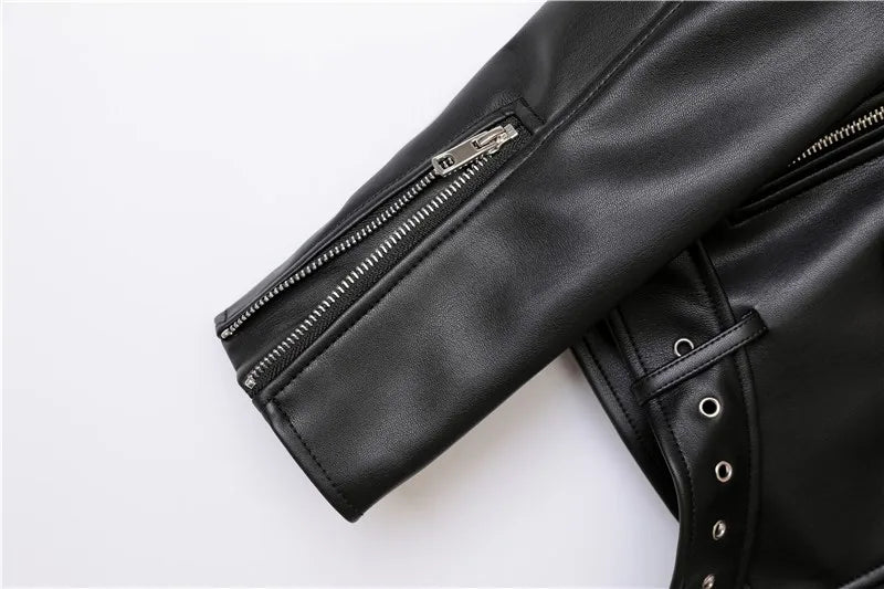ZVRI classic black Spring and Autumn 2023 The new belt detachable epaulet motorcycle jacket leather jacket