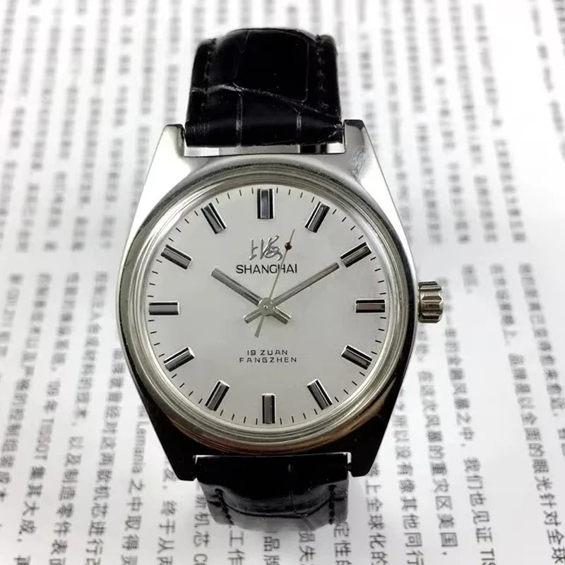 Shanghai Manual Mechanical Watch for Men Hand Wind Wristwatch Original Reloj Business Man Black Leather Old Orologio Male Clock