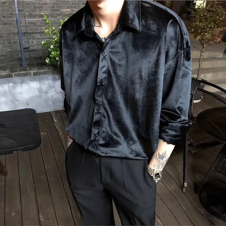 Velvet Shirt Men 2024 Autumn New Vintage Long Sleeve Casual Shirts Fashion Streetwear All-Matching Solid Bottoming Blouses