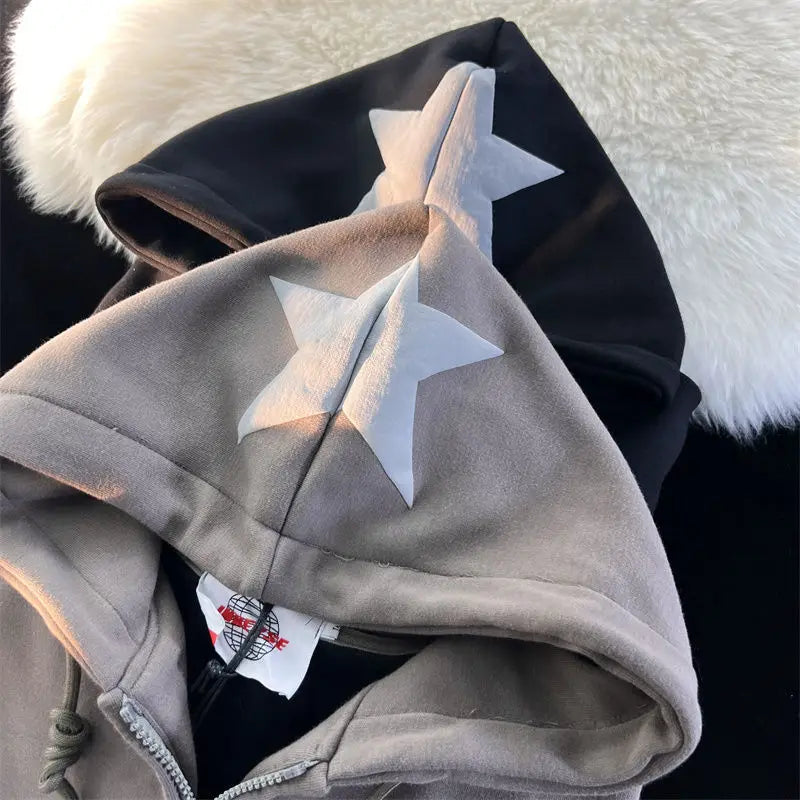 Star Print Hoodies Women's Y2K Street Hip-Hop Zipper Sweatshirt Couple Loose Cashmere Hoodie Cardigan Unisex Casual Coat Women's