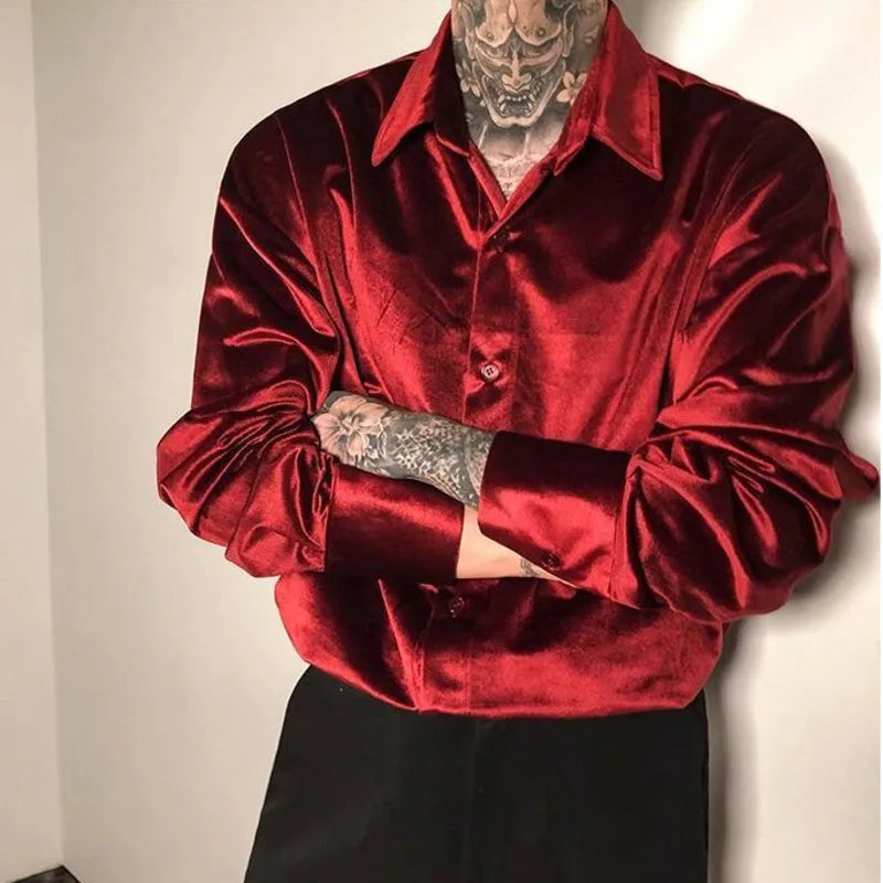Velvet Shirt Men 2024 Autumn New Vintage Long Sleeve Casual Shirts Fashion Streetwear All-Matching Solid Bottoming Blouses