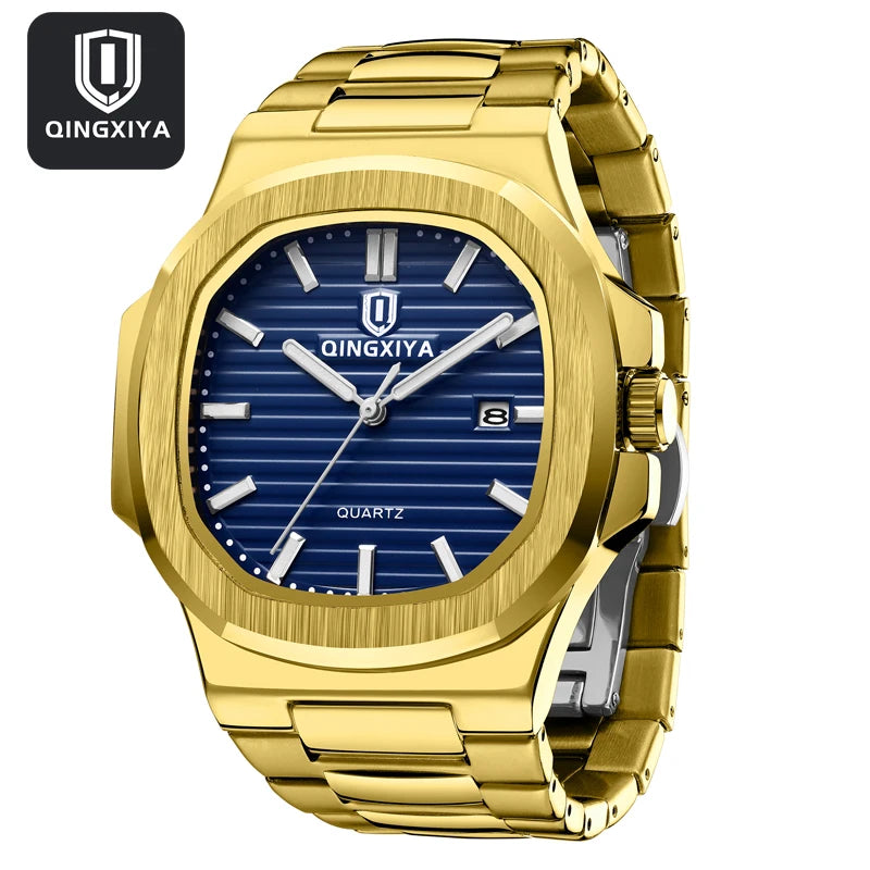 QINGXIYA Brand Fashion Square Dial Quartz Watch for Men Gold Stainless Steel Waterproof Luminous Calendar Luxury Mens Watch