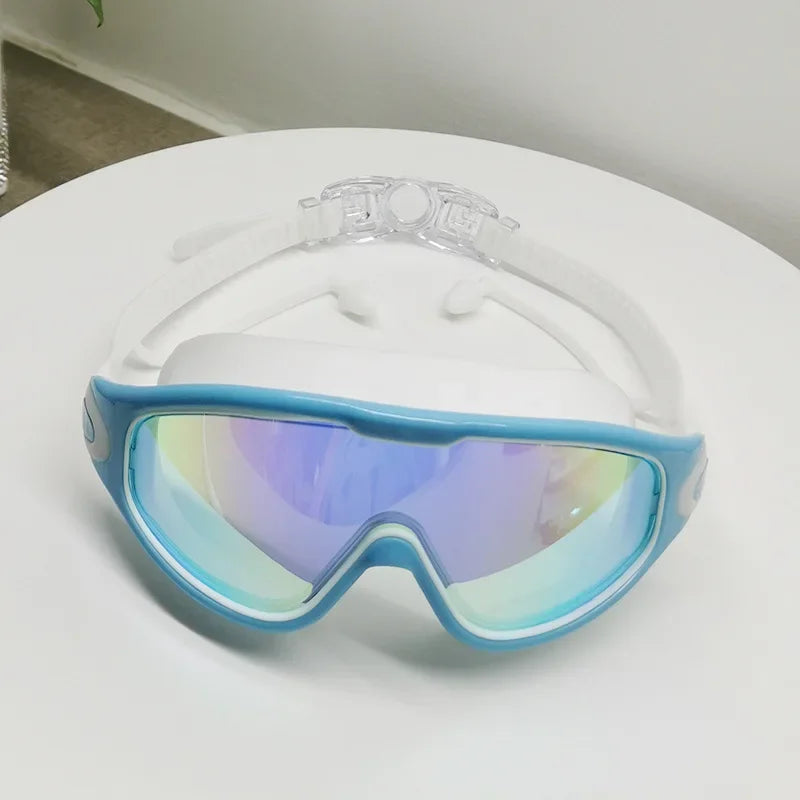 Swim Goggles with Ear Plugs UV Protection No Leaking Anti Fog Lens Swimming Glasses Wide Blue Light Blocking Comfortable Eyewear