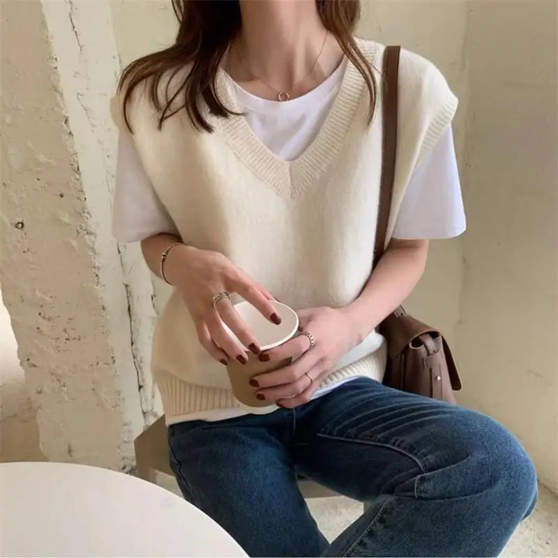 Women V-neck Daily Solid Sleeveless Knitwear