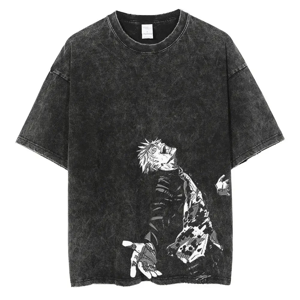 Vintage Anime Printed Washed T-shirt Men Women Cotton T Shirt Hip Hop Streetwear Summer Crew Neck Retro Short Sleeve Tees Tops