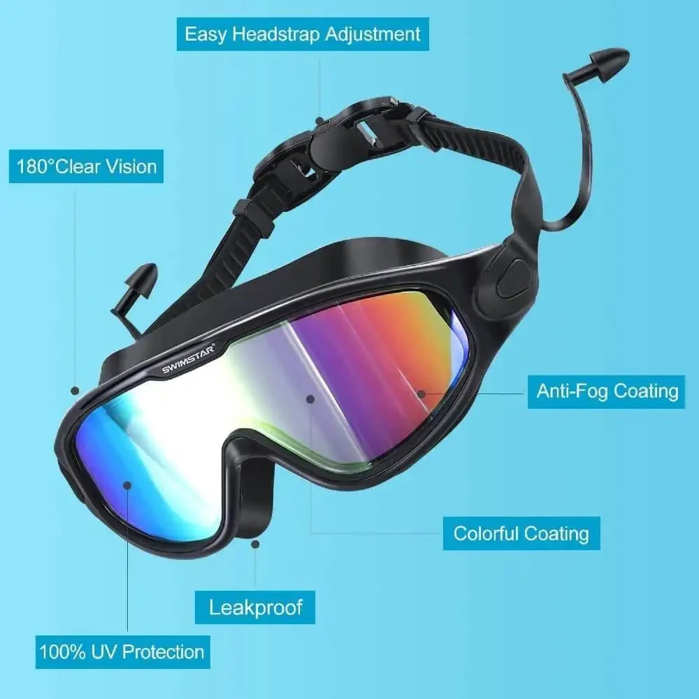 Swim Goggles with Ear Plugs UV Protection No Leaking Anti Fog Lens Swimming Glasses Wide Blue Light Blocking Comfortable Eyewear