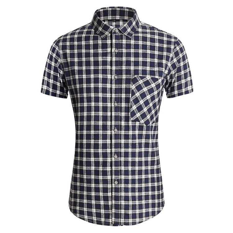 Striped Plaid Short Sleeved Shirt Men's Single-breasted Square Collar Cotton Shirts Summer Fashion Casual Camisa Men Chemise 7XL