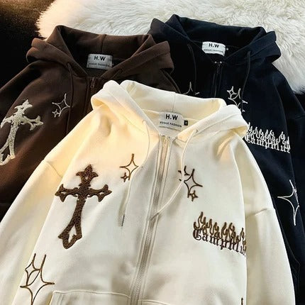 Retro Gothic Embroidered Zip Hoodie – Streetwear Y2K Style