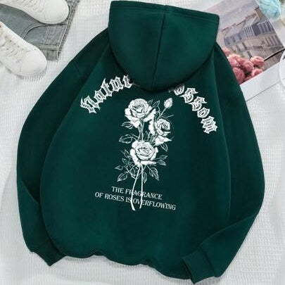 Rose And Letter Print Hoodie Casual Sweatshirt Men And Women