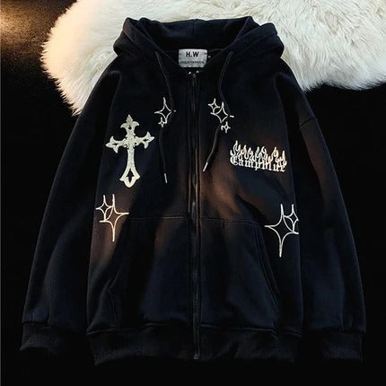 Retro Gothic Embroidered Zip Hoodie – Streetwear Y2K Style