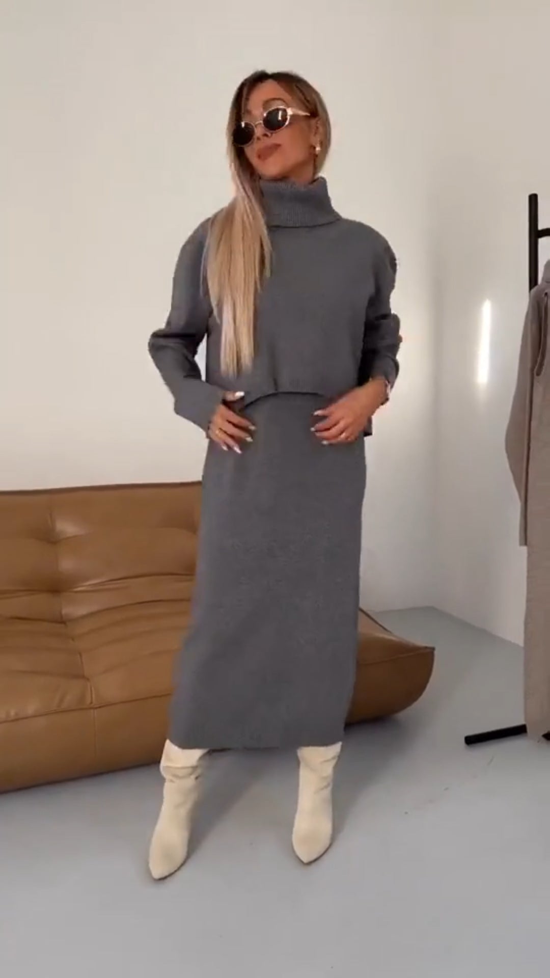 Turtleneck Long Solid Color Knitted Dress Sweater Two-piece Set