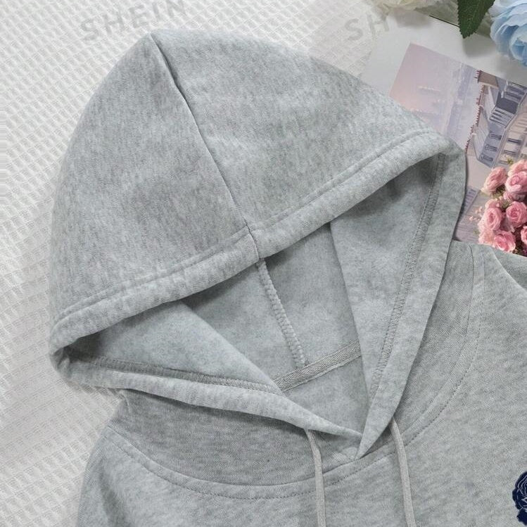 Rose And Letter Print Hoodie Casual Sweatshirt Men And Women