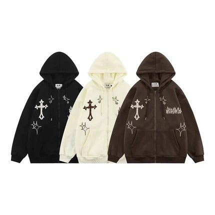 Retro Gothic Embroidered Zip Hoodie – Streetwear Y2K Style