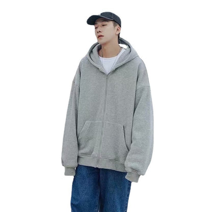 Cardigan Sweater Men Loose Hoodie Solid Color Casual