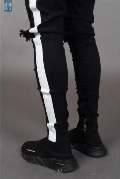 Trendy Men's Ripped Jeans Knee Holes Skinny Slim Fit Denim Pants Destroyed Frayed Trousers Fashion Design Side Stripe Black Jean