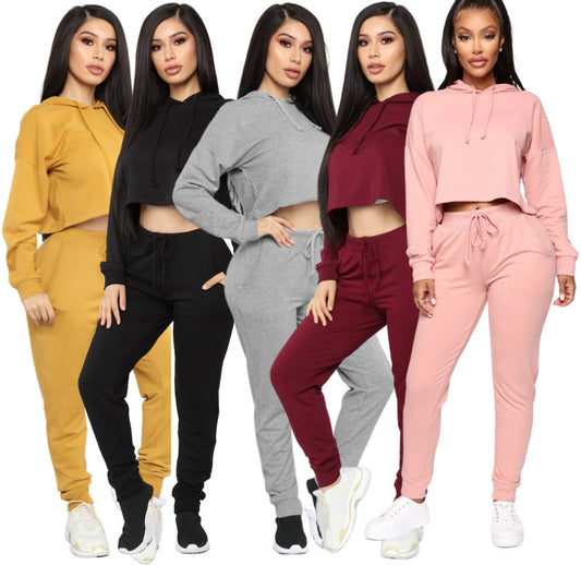Two Piece Solid Open Navel Sportswear Set