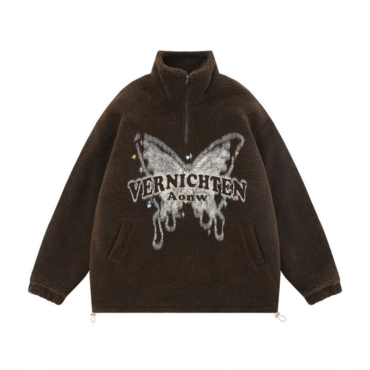 Butterfly Print Lamb Wool Sweatshirt Men