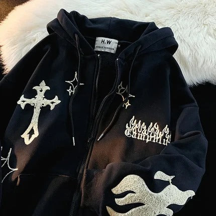 Retro Gothic Embroidered Zip Hoodie – Streetwear Y2K Style