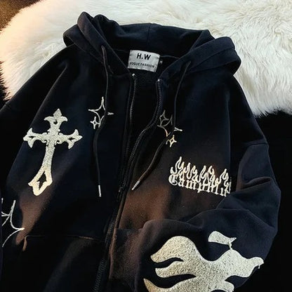 Retro Gothic Embroidered Zip Hoodie – Streetwear Y2K Style