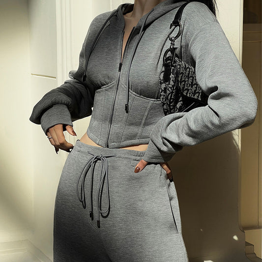 Grey Cotton Sweater Sweater Pants Casual Sportswear Set