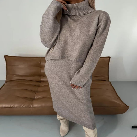 Turtleneck Long Solid Color Knitted Dress Sweater Two-piece Set