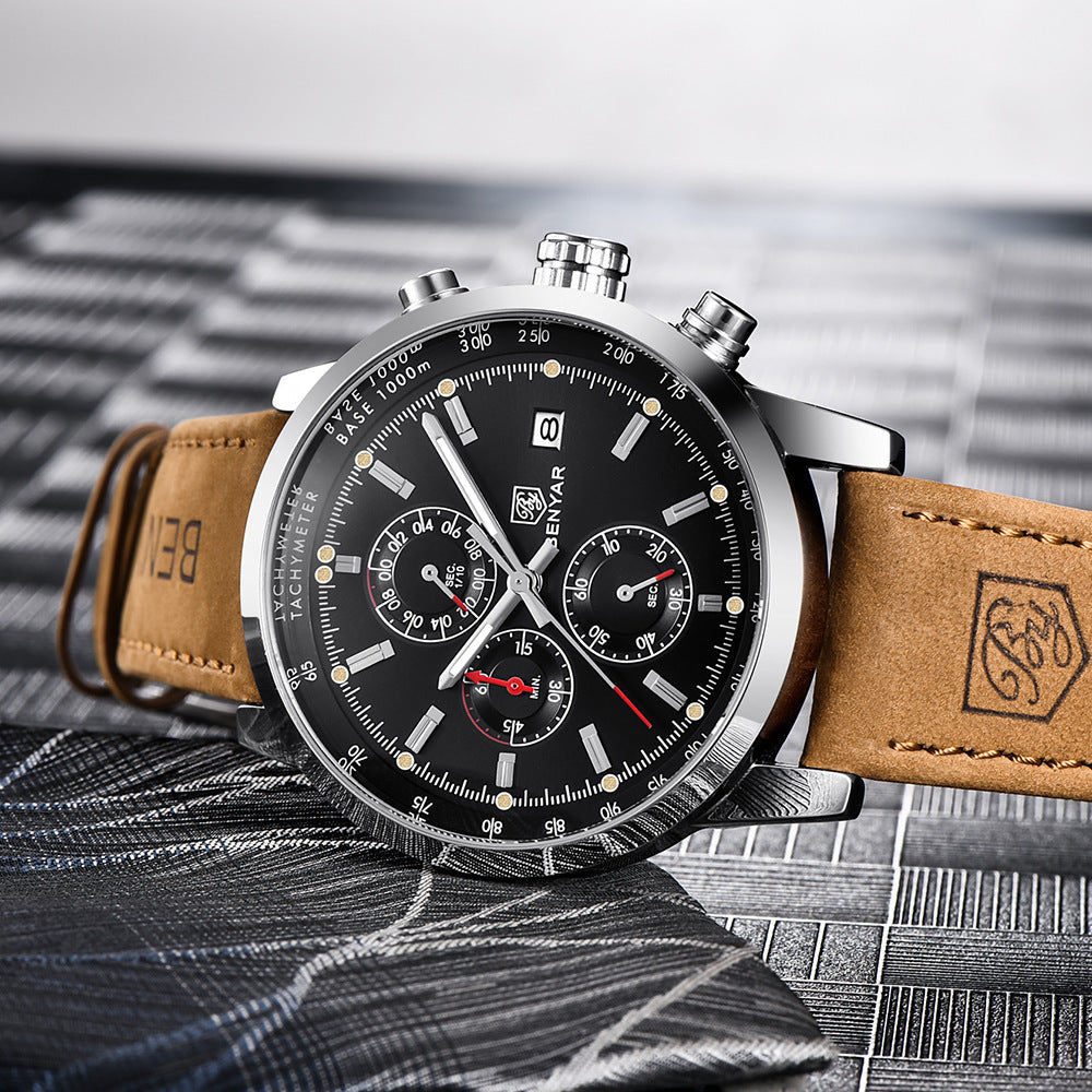 Men’s Classic Leather‑Strap Quartz Watch
