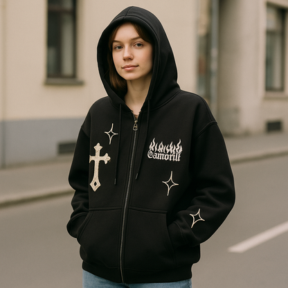 Retro Gothic Embroidered Zip Hoodie – Streetwear Y2K Style