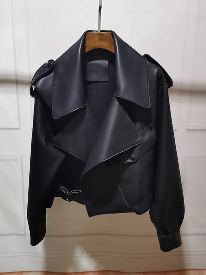 PU Leather Jacket Coat Ladies Basic Soft Short Outwear Punk Clothing Faux Leather Spring Autumn Women Motorcycle Army Green Full