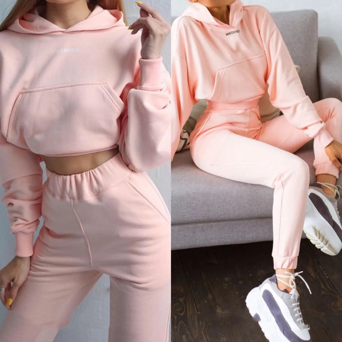 winter Tracksuits Women's Fleece Hoodies Two Piece Set Spring Autumn Lace Up Sweatshirts Pants Sets Female Casual Sports Suits