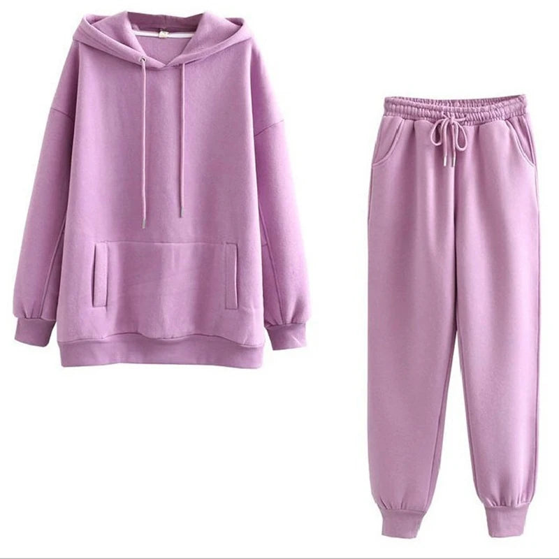 winter Tracksuits Women's Fleece Hoodies Two Piece Set Spring Autumn Lace Up Sweatshirts Pants Sets Female Casual Sports Suits