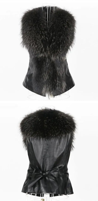 Women Leather Jacket Fur Collar Stitching Simulation Leather Oversized Raccoon Autumn Winter Solid Color Sleeveless Vest Coat