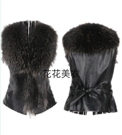 Women Leather Jacket Fur Collar Stitching Simulation Leather Oversized Raccoon Autumn Winter Solid Color Sleeveless Vest Coat