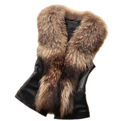 Women Leather Jacket Fur Collar Stitching Simulation Leather Oversized Raccoon Autumn Winter Solid Color Sleeveless Vest Coat