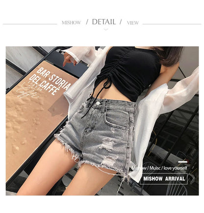 MISHOW Ripped Hole Fringe Denim Gray Shorts Women Casual Fashion Sexy Pocket Jean Shorts Streetwear 2023 Summer Female MX18B2217