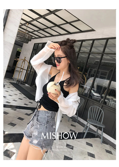 MISHOW Ripped Hole Fringe Denim Gray Shorts Women Casual Fashion Sexy Pocket Jean Shorts Streetwear 2023 Summer Female MX18B2217