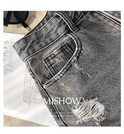 MISHOW Ripped Hole Fringe Denim Gray Shorts Women Casual Fashion Sexy Pocket Jean Shorts Streetwear 2023 Summer Female MX18B2217
