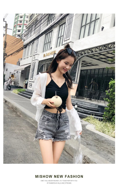 MISHOW Ripped Hole Fringe Denim Gray Shorts Women Casual Fashion Sexy Pocket Jean Shorts Streetwear 2023 Summer Female MX18B2217