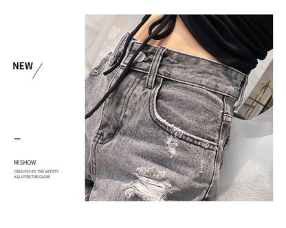 MISHOW Ripped Hole Fringe Denim Gray Shorts Women Casual Fashion Sexy Pocket Jean Shorts Streetwear 2023 Summer Female MX18B2217
