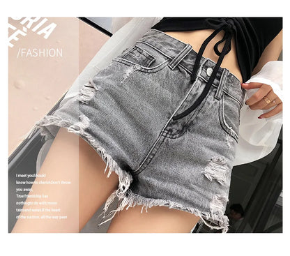 MISHOW Ripped Hole Fringe Denim Gray Shorts Women Casual Fashion Sexy Pocket Jean Shorts Streetwear 2023 Summer Female MX18B2217