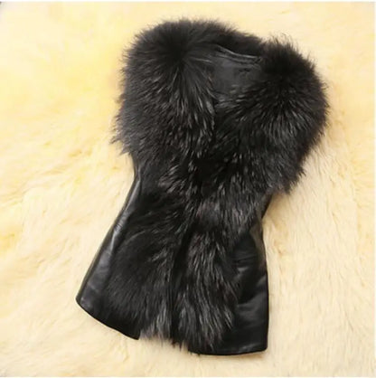 Women Leather Jacket Fur Collar Stitching Simulation Leather Oversized Raccoon Autumn Winter Solid Color Sleeveless Vest Coat