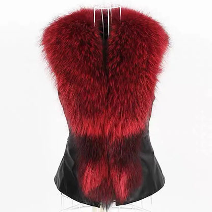 Women Leather Jacket Fur Collar Stitching Simulation Leather Oversized Raccoon Autumn Winter Solid Color Sleeveless Vest Coat