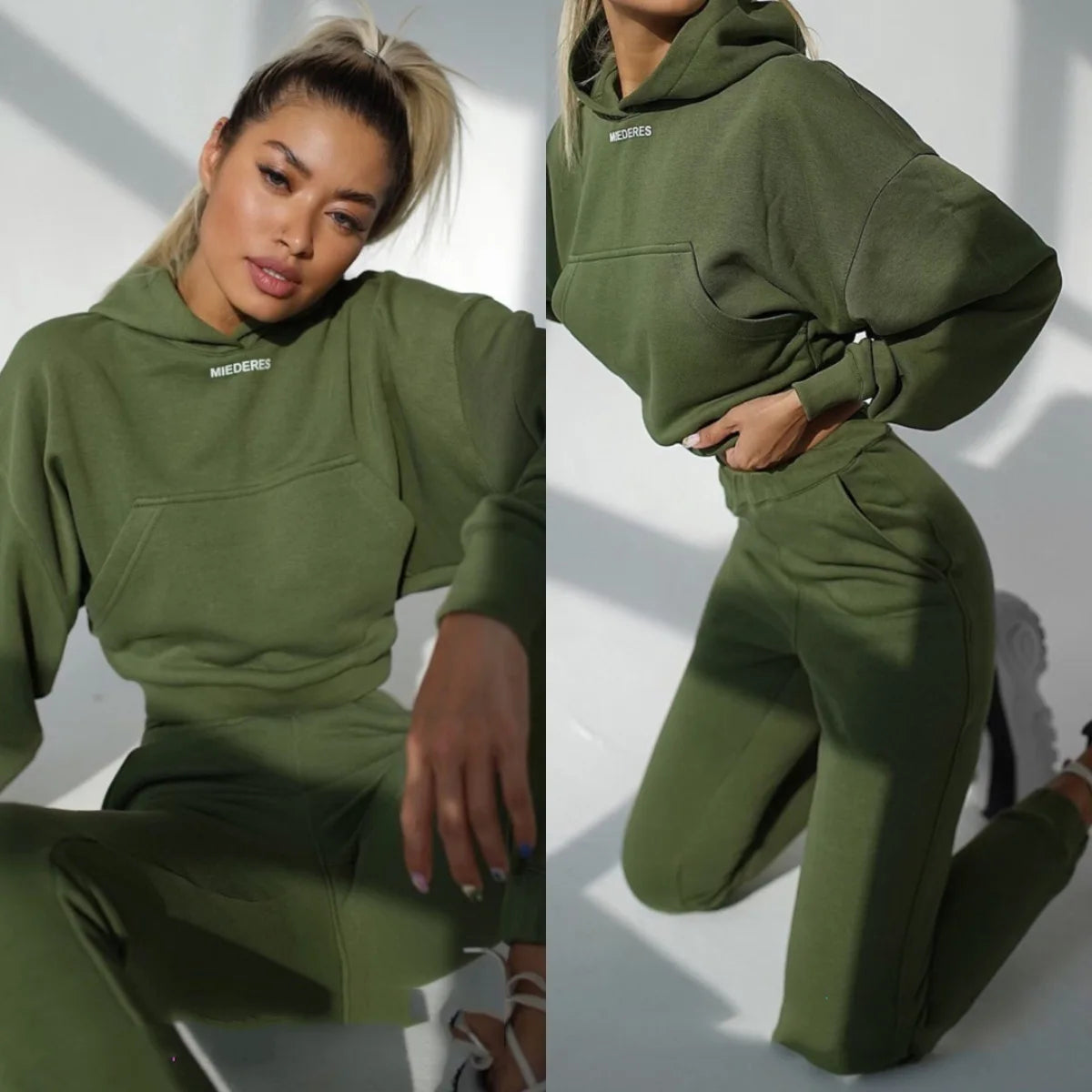winter Tracksuits Women's Fleece Hoodies Two Piece Set Spring Autumn Lace Up Sweatshirts Pants Sets Female Casual Sports Suits