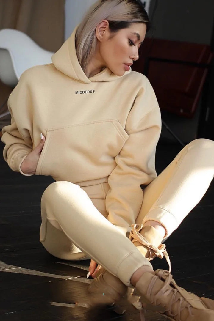 winter Tracksuits Women's Fleece Hoodies Two Piece Set Spring Autumn Lace Up Sweatshirts Pants Sets Female Casual Sports Suits