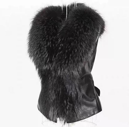 Women Leather Jacket Fur Collar Stitching Simulation Leather Oversized Raccoon Autumn Winter Solid Color Sleeveless Vest Coat