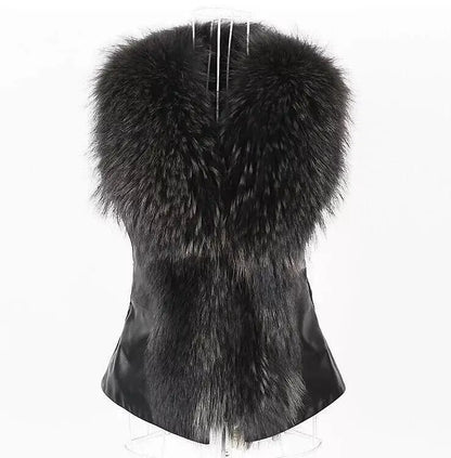 Women Leather Jacket Fur Collar Stitching Simulation Leather Oversized Raccoon Autumn Winter Solid Color Sleeveless Vest Coat